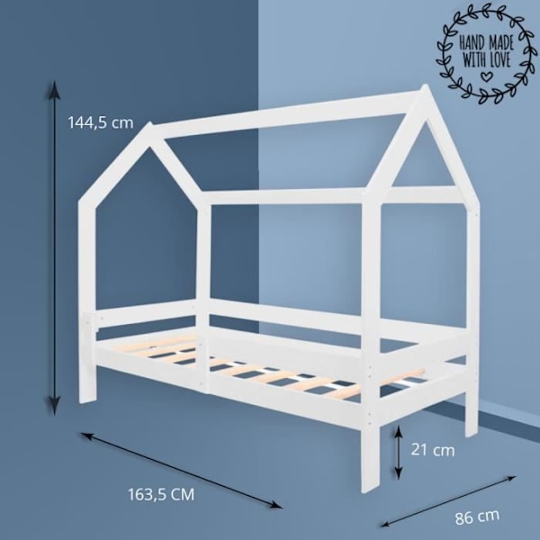 Springos® lasten sänky talon muotoisella pohjalla, katolla ja putoamisesteellä 80 x 160 cm Vit
