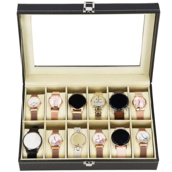 SPRINGOS® Klockdisplay Läderklockbox Smyckeskrin Present för män/kvinnor 30 x 20 x 8 cm för 12 klockor - Svart