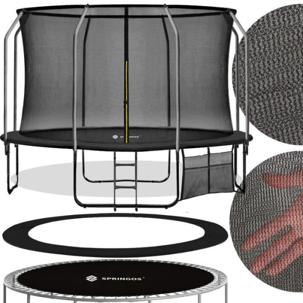 SPRINGOS® Trampolin til børn og voksne Rund Ø 365 cm med sikkerhedsnet og stige, solid og robust sort