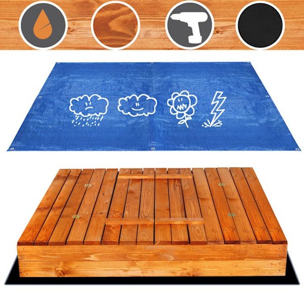 Sandkasse - SPRINGOS - 150 x 150 cm - Impregneret træ - Sammenklappelige bænke - Beskyttelseslåg