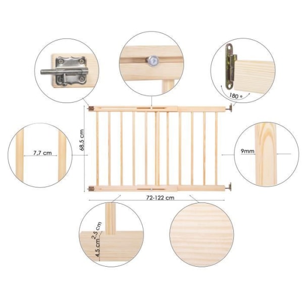 SPRINGOS® Baby Safety Gate - Trappor, Dörrar - Furu - 72-122 cm Naturlig