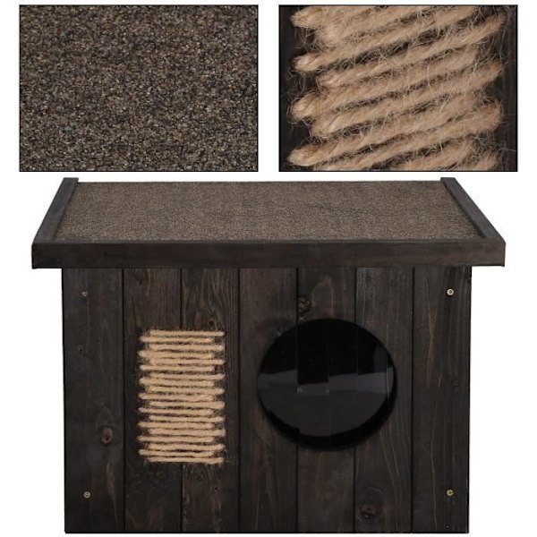 Katthus - Springos® - Svart trä - 49,5 x 58 x 36 cm - Platt tak - Väderbeständigt svart