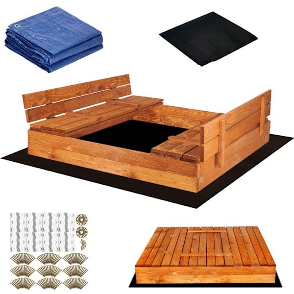 Sandlåda - SPRINGOS - 150 x 150 cm - Imprägnerat trä - Fällbara bänkar - Skyddande lock