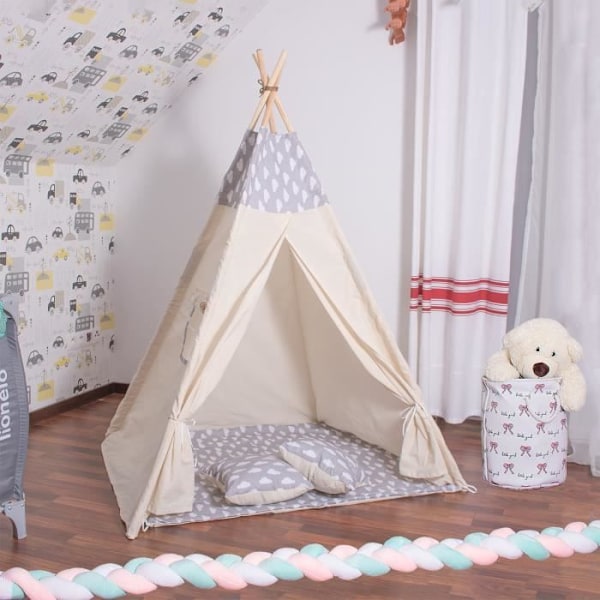 SPRINGOS® puuvillainen lasten teltta - 160x120x100 cm - pilvi/harmaa Grå