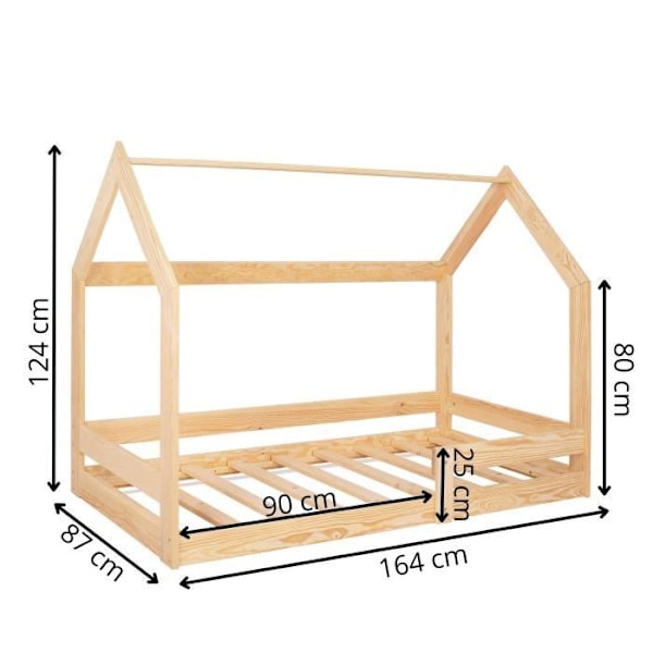 Springos® husformad barnsäng med boxfjäder, fallskyddsstaket 80 x 160 cm, hussäng i naturligt massivt trä naturlig