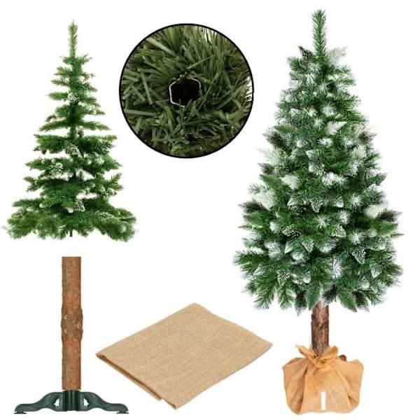 Julgran i plast - SPRINGOS - 180 cm - Trädkropp i naturligt trä - Konstsnö - Kottar Grön