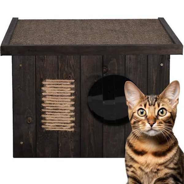Kattehus - Springos® - Sort træ - 49,5 x 58 x 36 cm - Fladt tag - Vejrbestandig svart