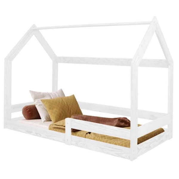 Springos® børneseng i form af et hus med bund, tag og faldsikring 80 x 160 cm, fyrretræ Vit