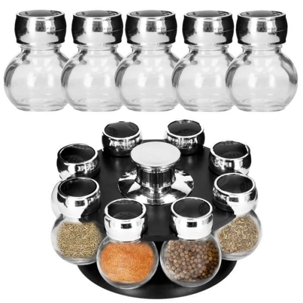 SPRINGOS® roterende drejestativ, 8 glaskrukker, krydderidisplay, organizer Svart