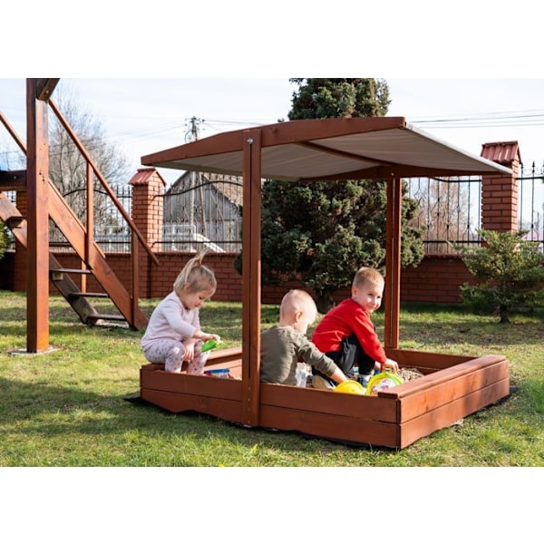 Sandkasse - Springos - 140 x 140 cm - Massivtræ - Justerbart tag - UV-beskyttelse kastanj
