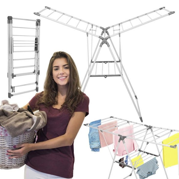Springos® Foldbart tøjsnore stativ med 2 niveauer og vinger Vit