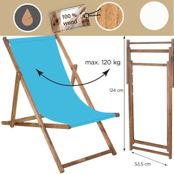 SPRINGOS® Imprægneret havedækstol Sammenklappelig Beach Wood Loungestol 120 kg - Blå Blå