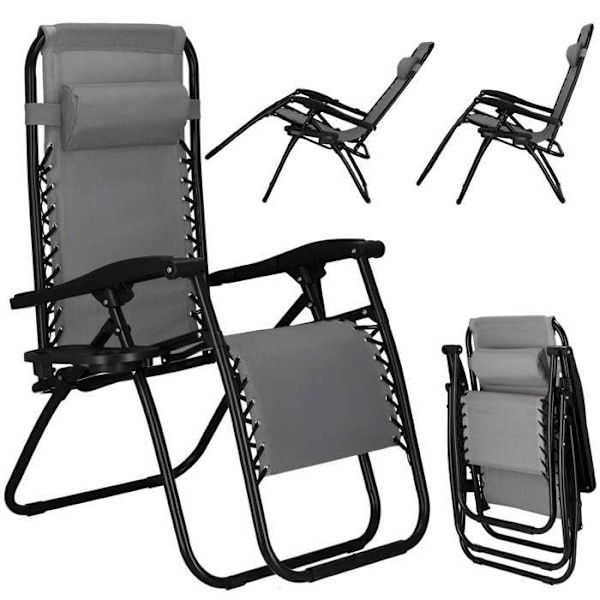 Springos® Sammenklappelig Havestol med Hovedstøtte og Sidebord – Inklinerbar Relaxationssæde 'Zero Gravity' Grå