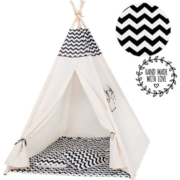 SPRINGOS® barntält i bomull - 160x120x100 cm - Svart sicksack Svart