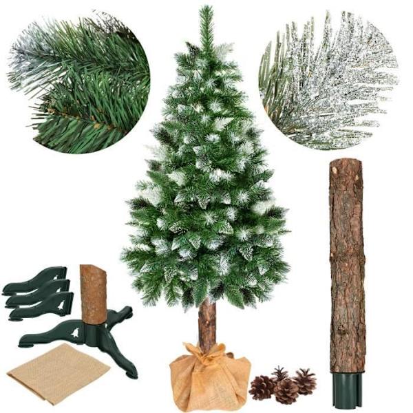 Julgran i plast - SPRINGOS - 180 cm - Trädkropp i naturligt trä - Konstsnö - Kottar Grön