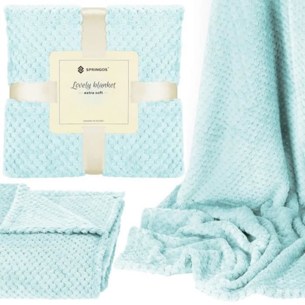 SPRINGOS hyggetæppe - 200x220 cm - 100% polyester med tekstur - lyseblå ljusblå