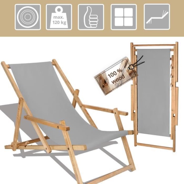 SPRINGOS® Garden Deckchair Taitettava puinen lepotuoli käsinojilla Grå