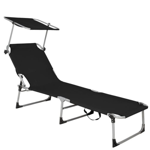 Havelænestol Sommerlænestol med parasol Sammenklappelig strandlænestol 57 x 188 cm med bærehåndtag Svart