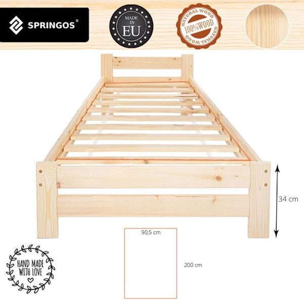 Lit simple - Springos - 90 x 200 cm - Massivt træ - Integreret sengegavl - Lamelbund Naturlig