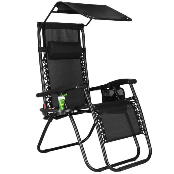 SPRINGOS loungestol med solsejl - Sort - 62 x 110 cm - Maks. 130 kg - Totalhøjde 112 cm Svart