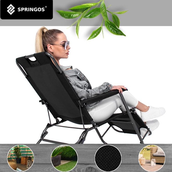 Springos® Have-chaiselong med hovedstøtte, armlæn og fodskammel Svart