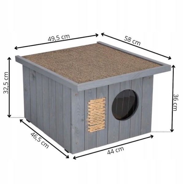 Springos® utomhus katthus i trä 49,5 x 58 x 36 cm, katthem med platt tak, kattskrapstolpe grå