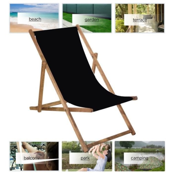 Havestol - SPRINGOS - Sammenklappelig strandstol i træ - Sort Svart