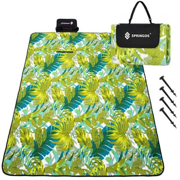 Picknickfilt - SPRINGOS - 200x200cm - Vattentät - Bärbar - Bladmönster Grön