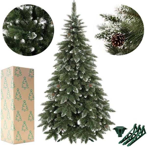 Konstgjord julgran - SPRINGOS - 220 cm - Konstgjord snö - Äkta kottar - PVC Grön - Vit