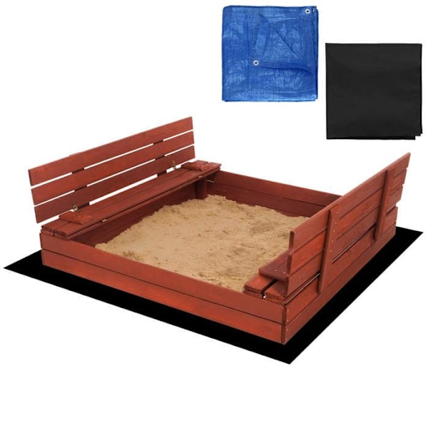 Puinen hiekkalaatikko - Springos® - 140 x 140 cm - Penkeillä - Suojapeite mukana - Vesiliukastus Kastanjebrun