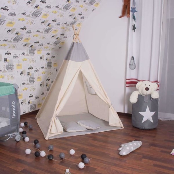 SPRINGOS® tipi-tält för barn i bomull, 2 kuddar ingår - 160x120x100 cm – Grå Grå
