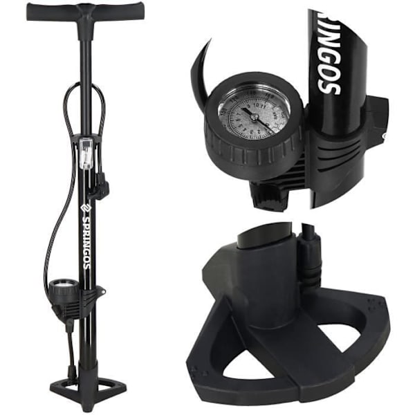 SPRINGOS® cykelhandpump med lufttrycksmätare upp till 11 bar - Dubbelt ventilhuvud