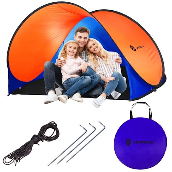 Strandtält - SPRINGOS - Pop Up - 200x120 cm - Automatisk - Transportväska ingår Blå/orange