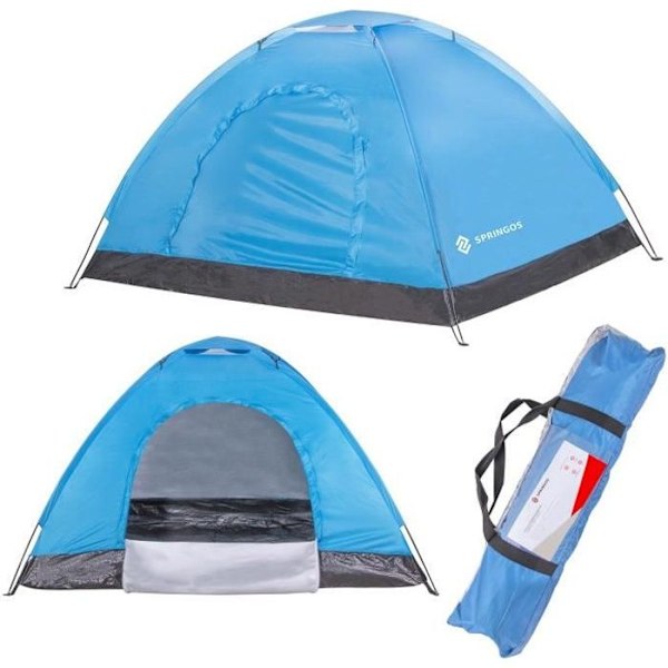 Camping telt - SPRINGOS - 2 personer - Vandtæt - Let - Myggenet Blå