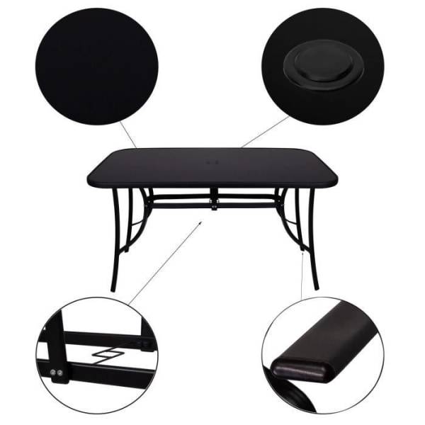 SPRINGOS® havebord med glasplade og parasolhul 90 x 150 cm - Sort - Design - Metal Svart