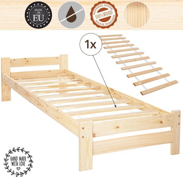 Lit simple - Springos - 90 x 200 cm - Massivt træ - Integreret sengegavl - Lamelbund Naturlig