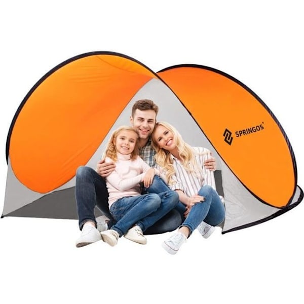 Strandtält - SPRINGOS - ihopfällbart 200x120cm - glasfiber - grå och orange - pop-up grå+orange