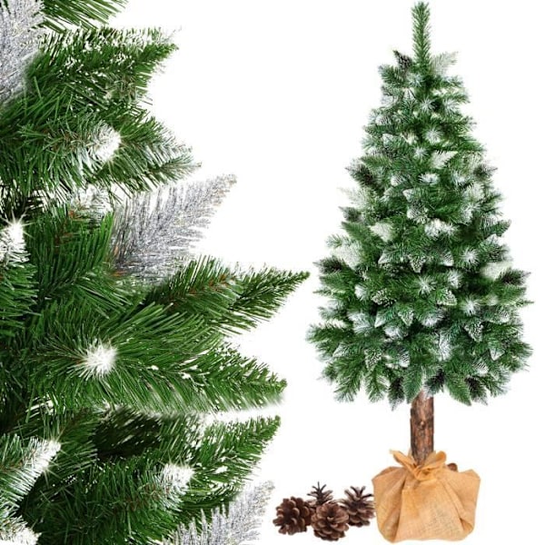 Julgran i plast - SPRINGOS - 180 cm - Trädkropp i naturligt trä - Konstsnö - Kottar Grön