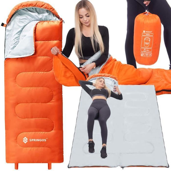 Sovepose - SPRINGOS - Varm Letvægts Rummelig - Orange - 205 cm x 73 cm - Hætte Orange