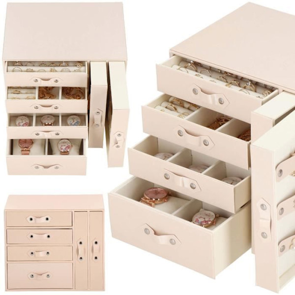 Smyckeskrin - SPRINGOS - Reseförvaring - Rosa konstläder - Kräm sammet - 26 x 22 x 18 cm Rosa
