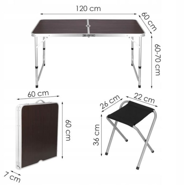 Campingbord - SPRINGOS - 4 stolar - Justerbar höjd 60-70 cm - Fällbart - Aluminium och MDF mörkbrun