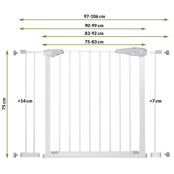 SPRINGOS® Baby Safety Gate - Trappor, Dörrar 76-106 cm - Metall + Plast - EN 1930:2011 certifikat Vit