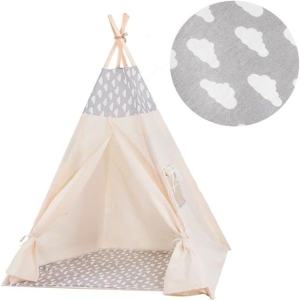 SPRINGOS® puuvillainen lasten teltta - 160x120x100 cm - pilvi/harmaa Grå