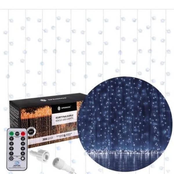 Lysgardin - SPRINGOS - 306 LED'er - 6M - Fjernbetjening - Kold hvid - 8 funktioner kall vit