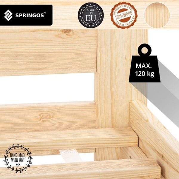 Lit simple - Springos - 90 x 200 cm - Massivt træ - Integreret sengegavl - Lamelbund Naturlig