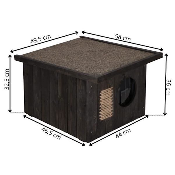 Katthus - Springos® - Svart trä - 49,5 x 58 x 36 cm - Platt tak - Väderbeständigt svart