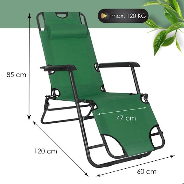 Springos® Chaise longue, jossa on pääntuki ja käsinojat 60 x 120 x 80 cm Grön