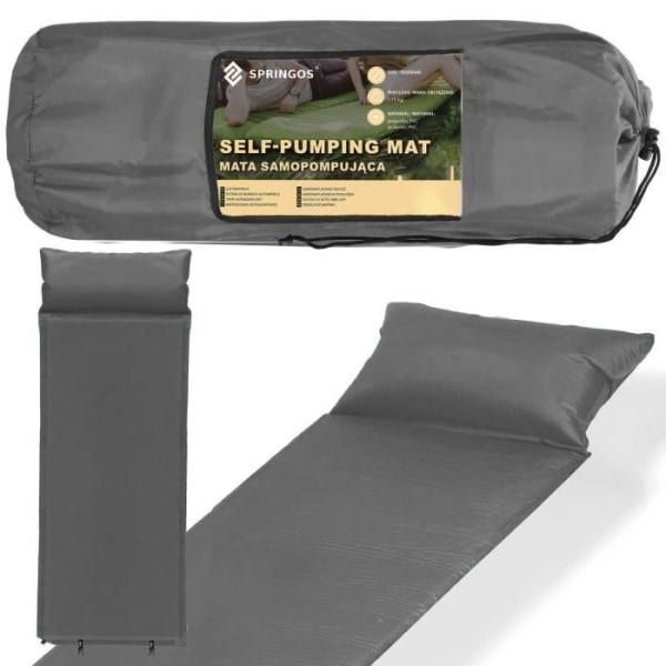 SPRINGOS® Selvoppustelige madras med pude 53 x 186 cm Skum trekking madras Telt madras Bæretaske Grå