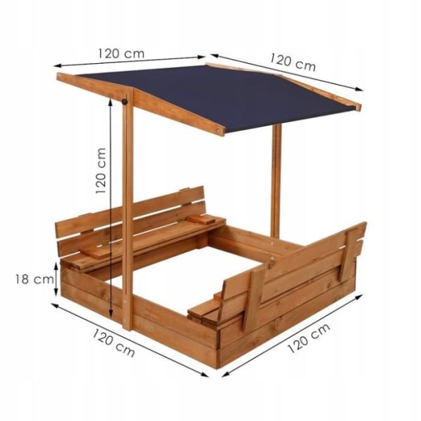 SPRINGOS träsandlåda med bänkar och tak - 120 x 120 cm - Brun