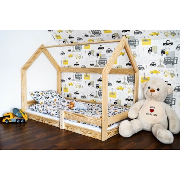 Springos® husformad barnsäng med boxfjäder, fallskyddsstaket 80 x 160 cm, hussäng i naturligt massivt trä naturlig